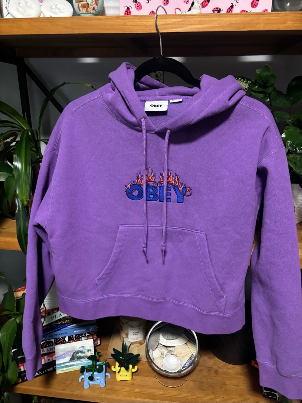 Obey Purple Flame Logo Hoodie Sweatshirt | Small